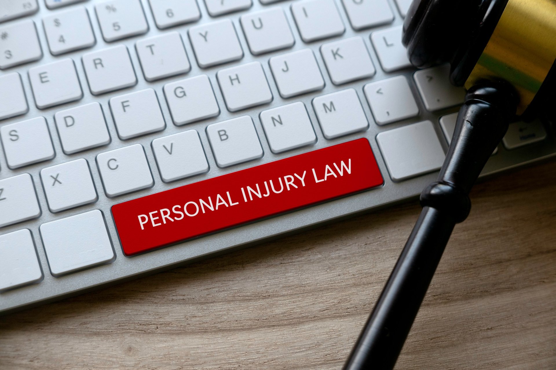 Gavel resting on keyboard with red key labeled 'Personal Injury Law'