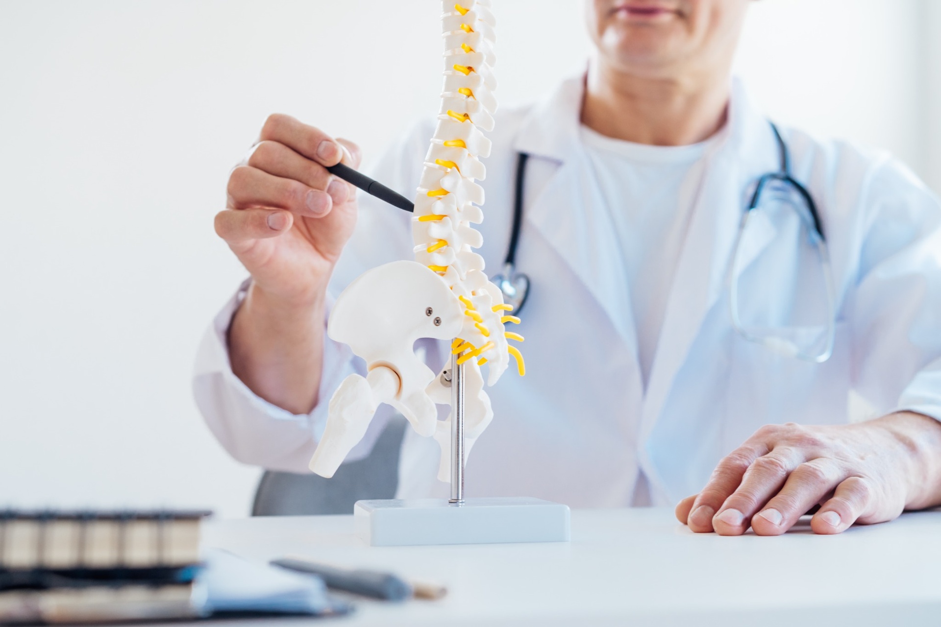Doctor pointing at a spine model to explain anatomy or injury