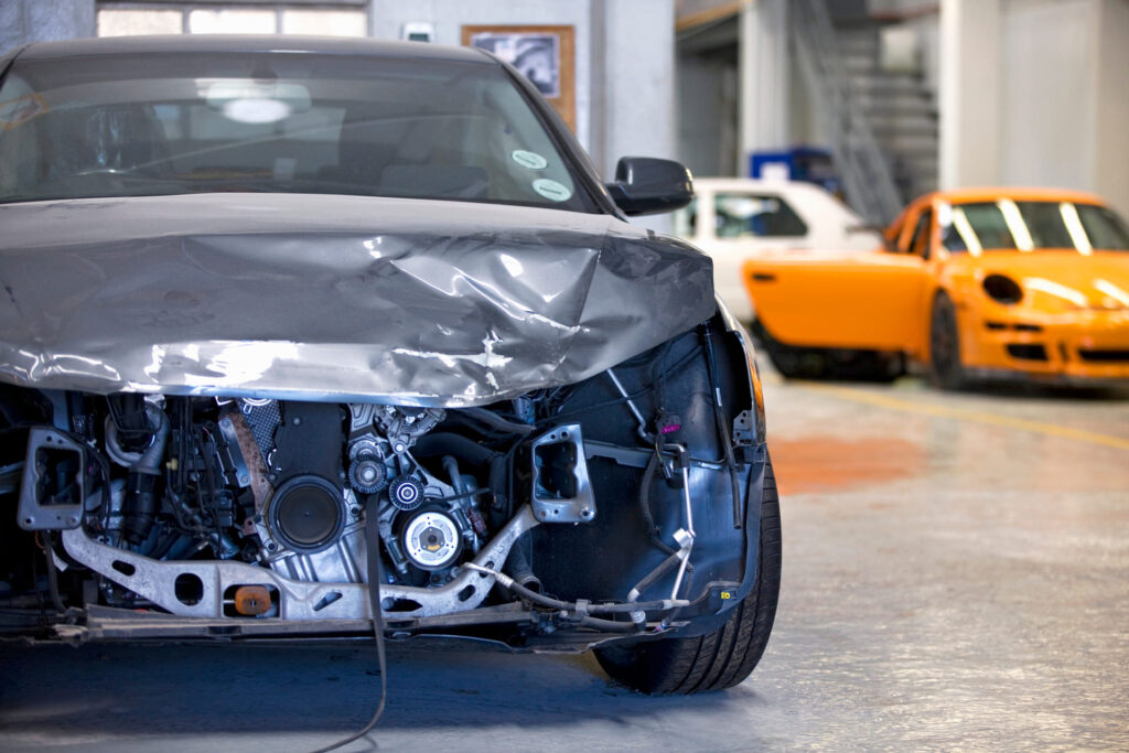 Front of damaged car after hit and run accident